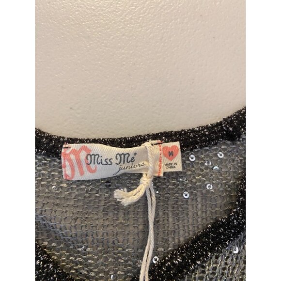 NWT Miss Me Long Sleeve Gray & Black Striped Sequin Mesh Top Medium - Picture 3 of 9